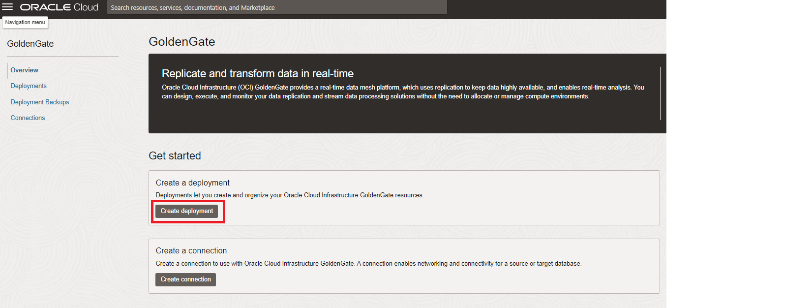 GoldenGate deployment screen