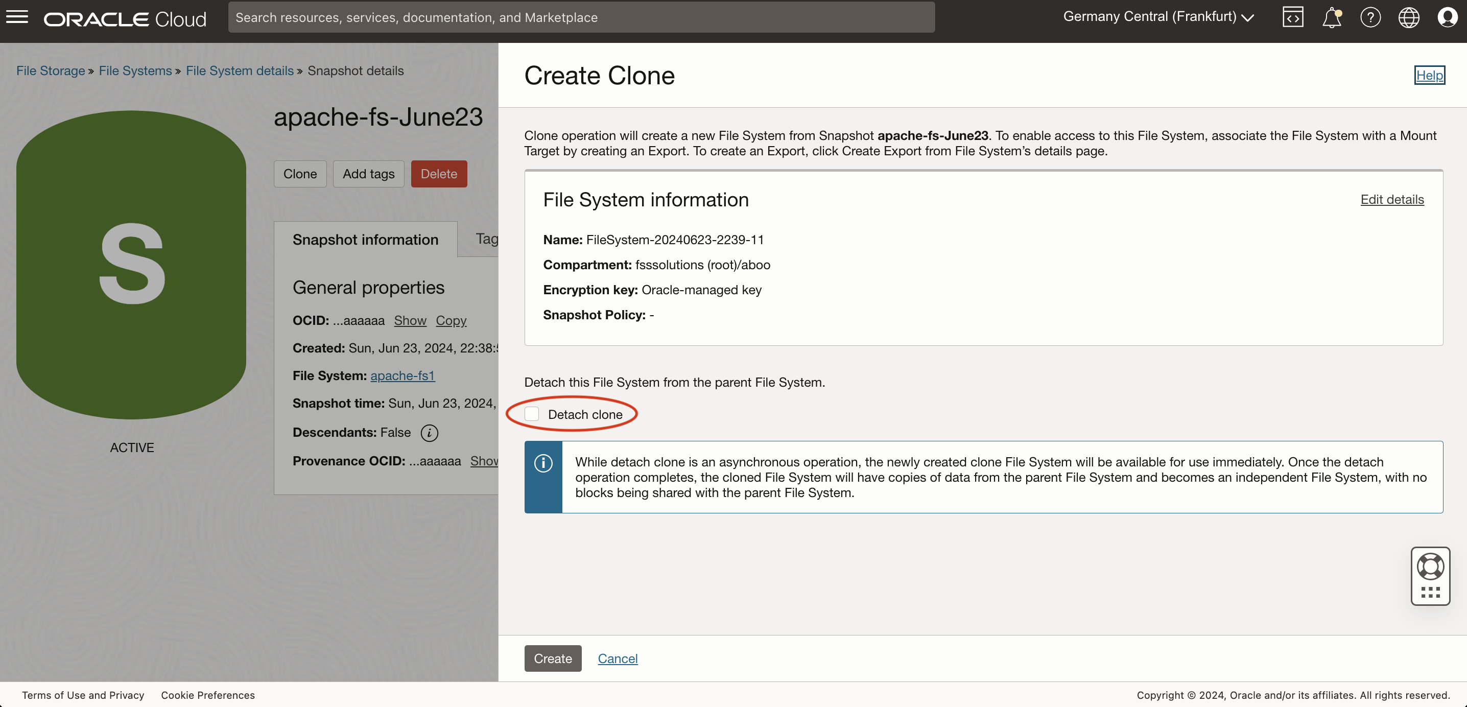 Detaching a clone at the time of creation.