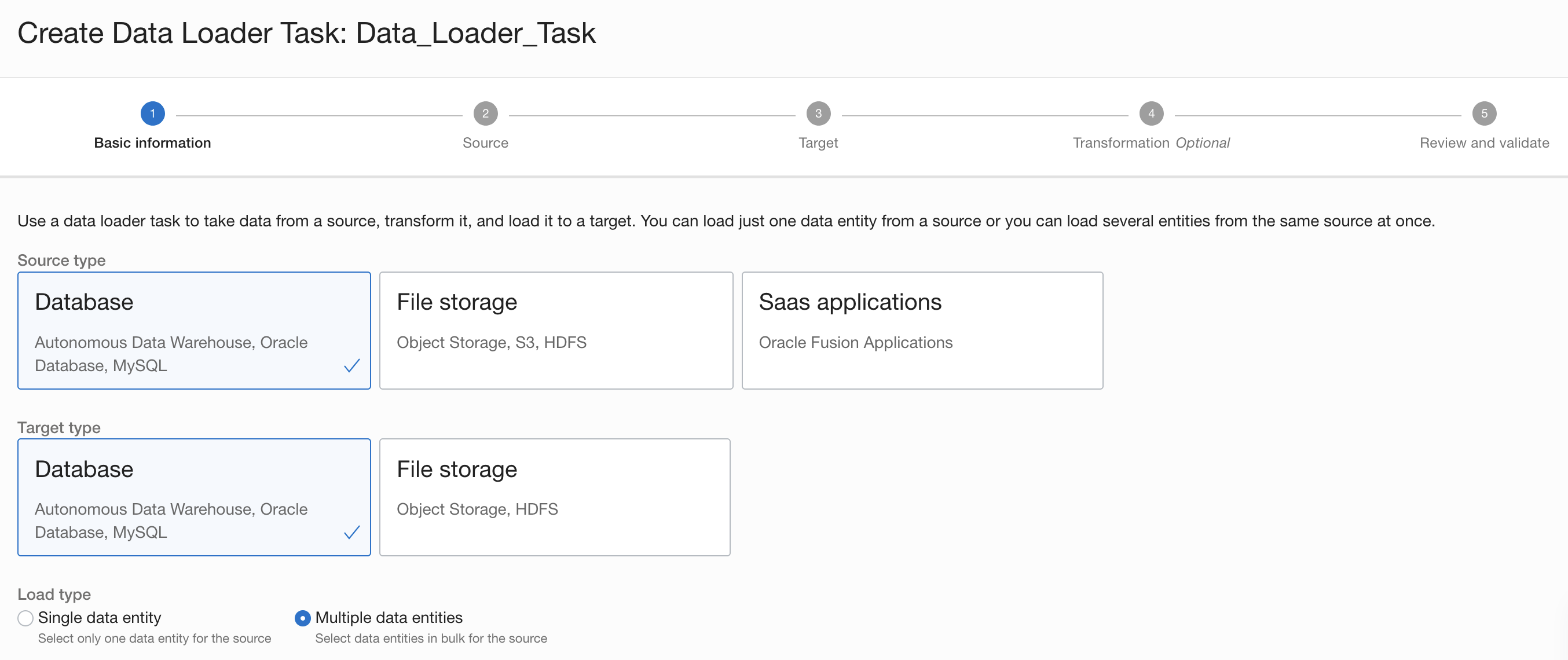A screenshot of the Create Data Loader Task page, showing the basic information tab with the source, target, and load types.
