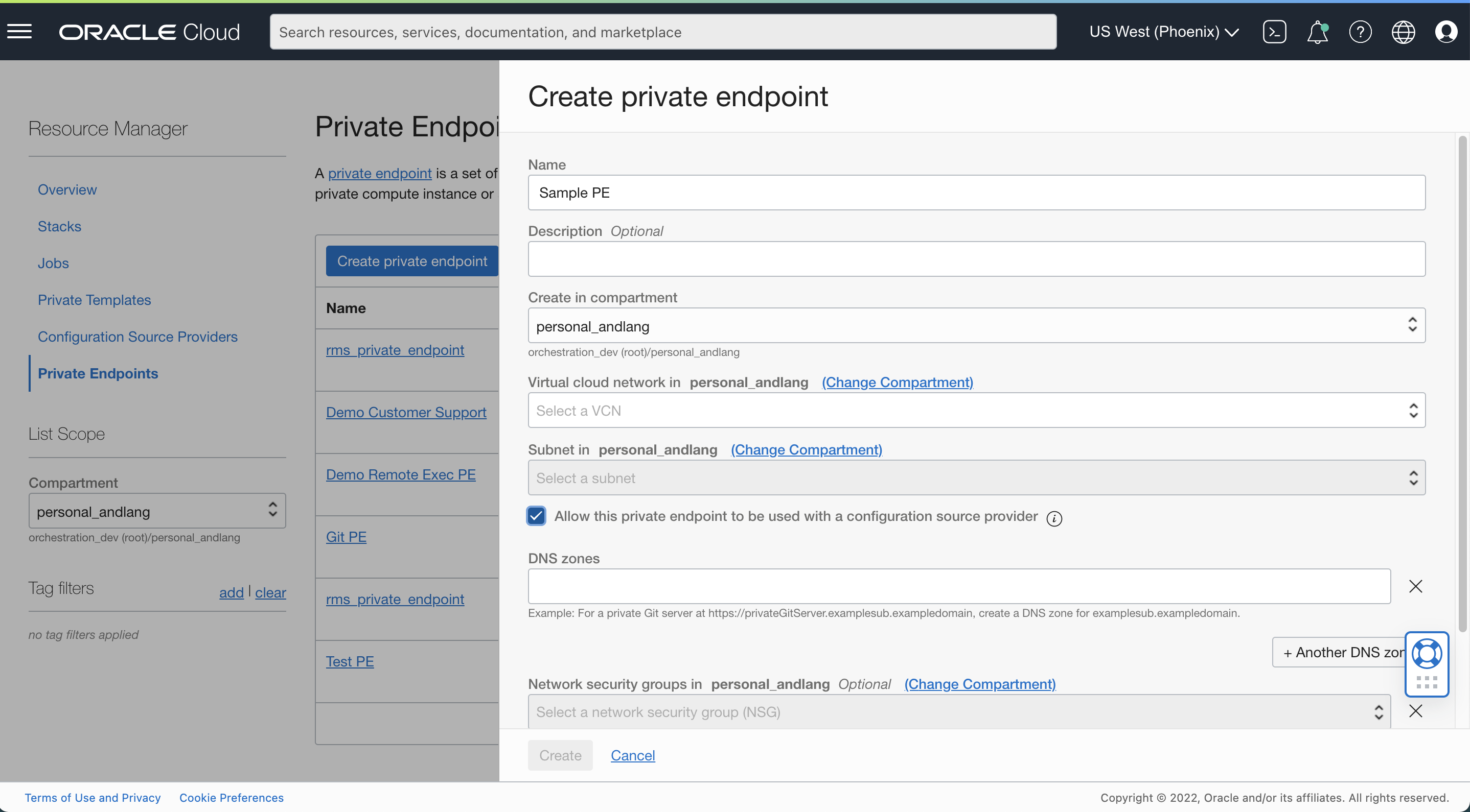 A screenshot of the Create private endpoint window with the fields filled in.