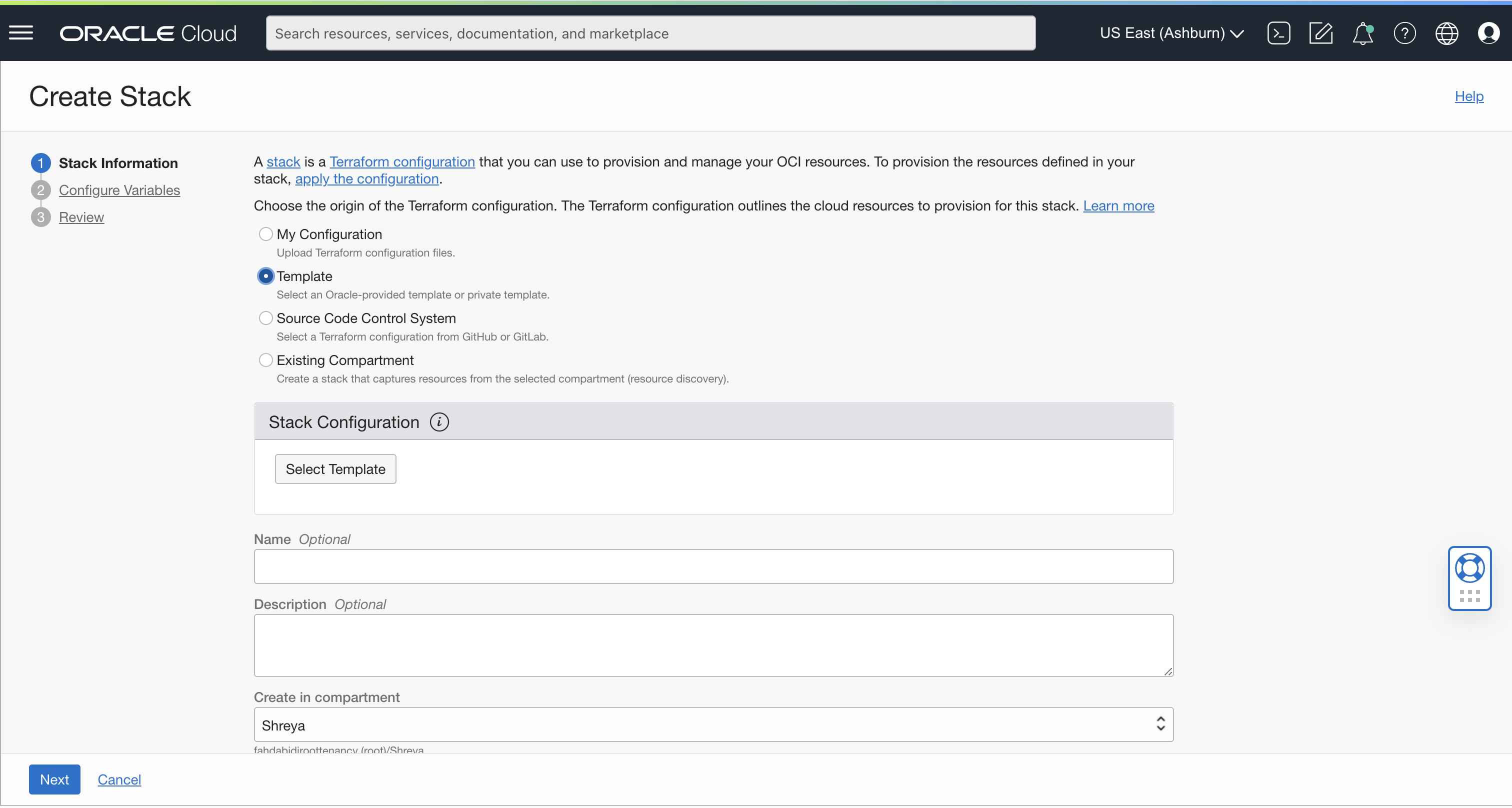 A screenshot of the Create Stack page in the Oracle Cloud Console.