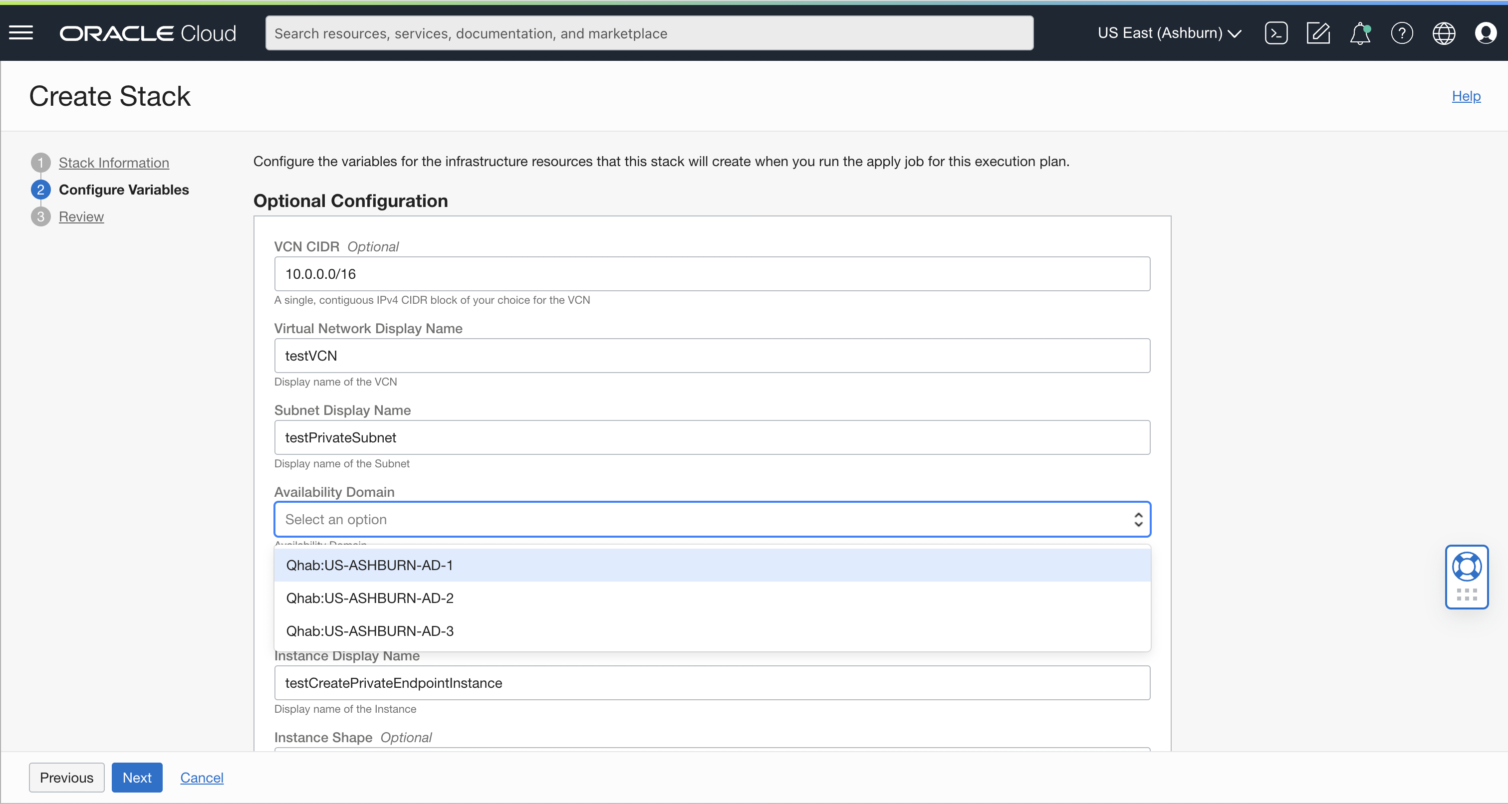 A screenshot of the Create Stack page on the Configure Variables tab with the menu for availability domain expanded.