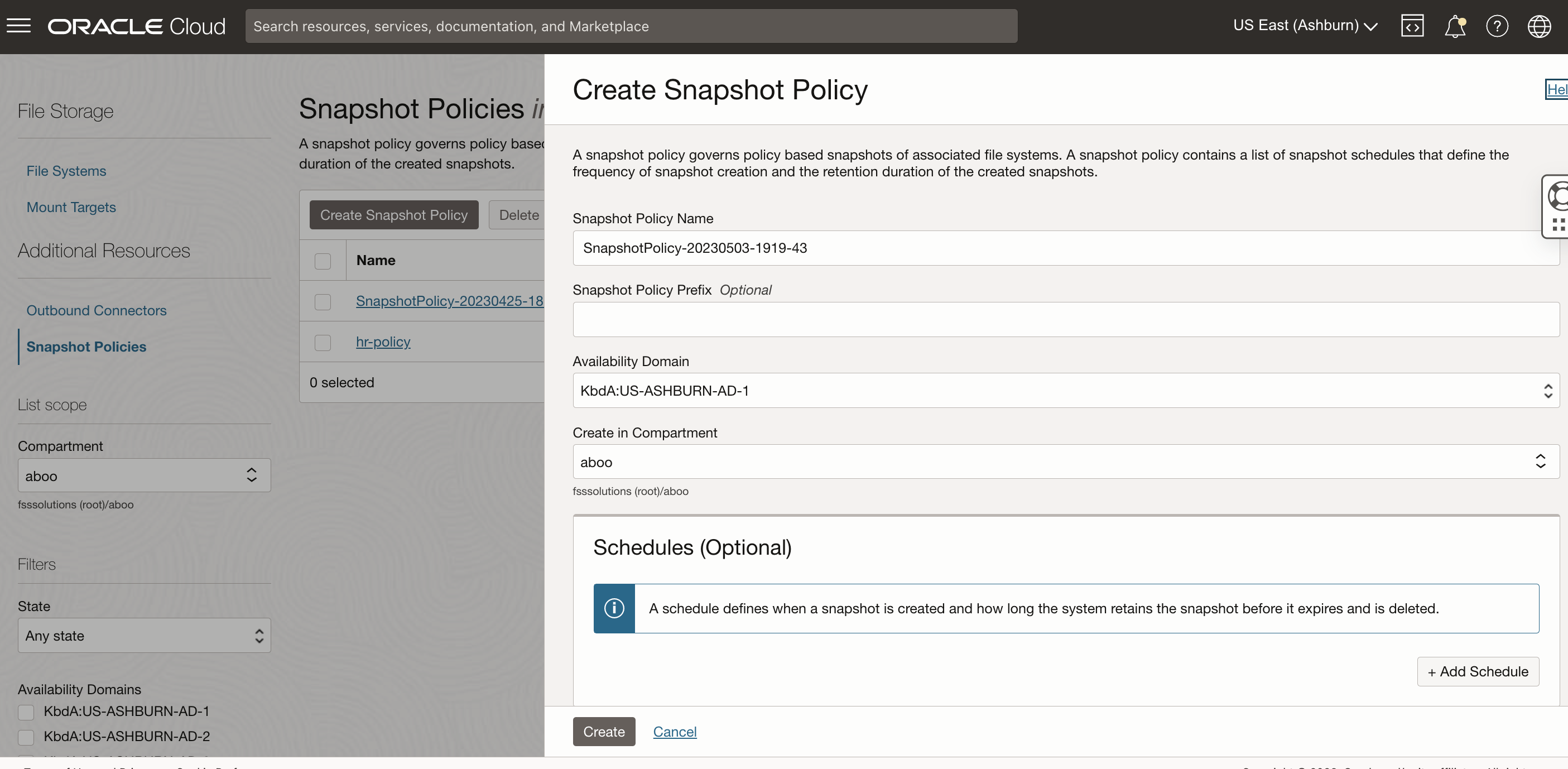 A screenshot of the Create Snapshot Policy window in the Oracle Cloud Console with the fields filled in.
