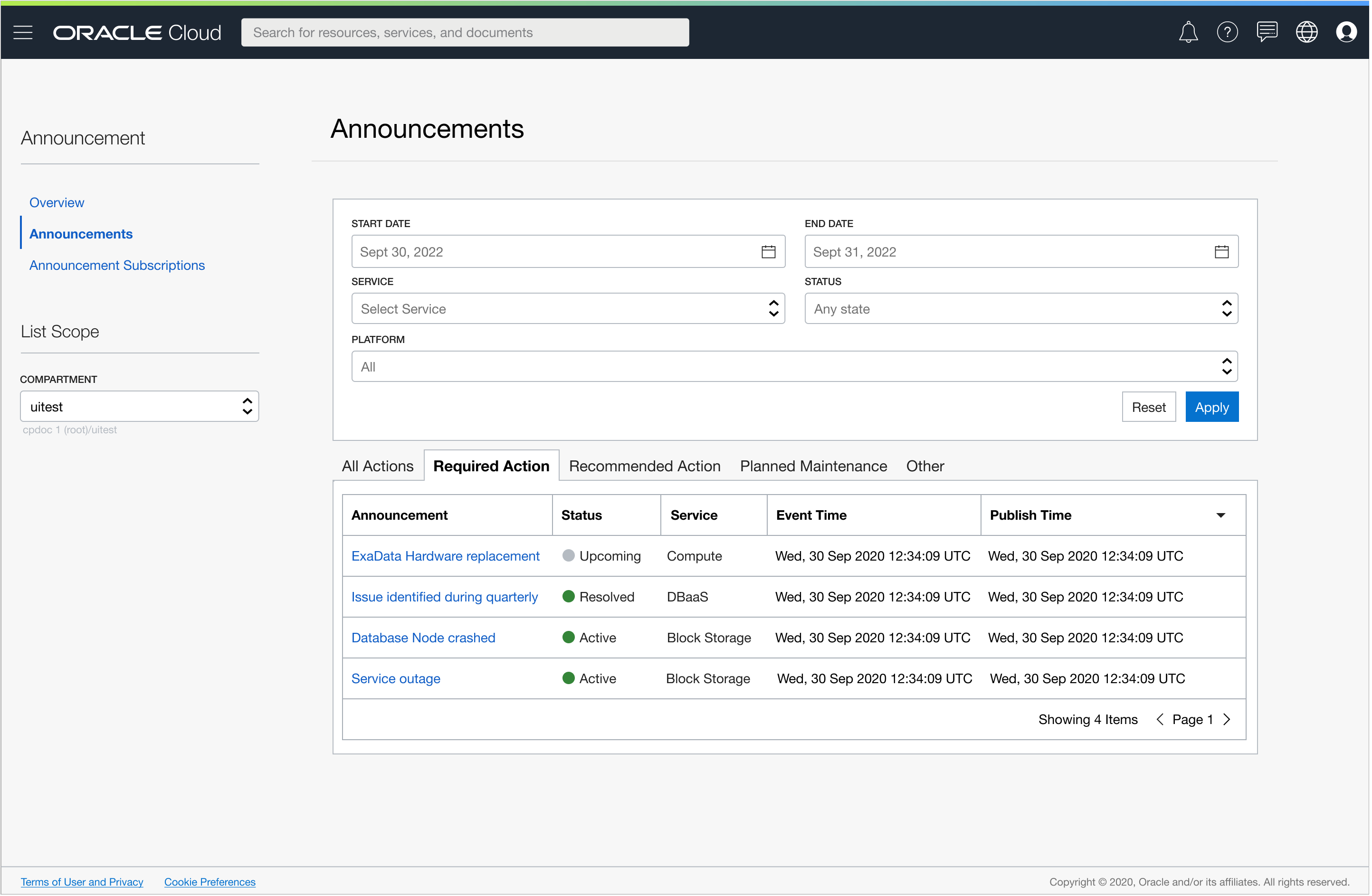 A screenshot of the Announcement list page in the Console.
