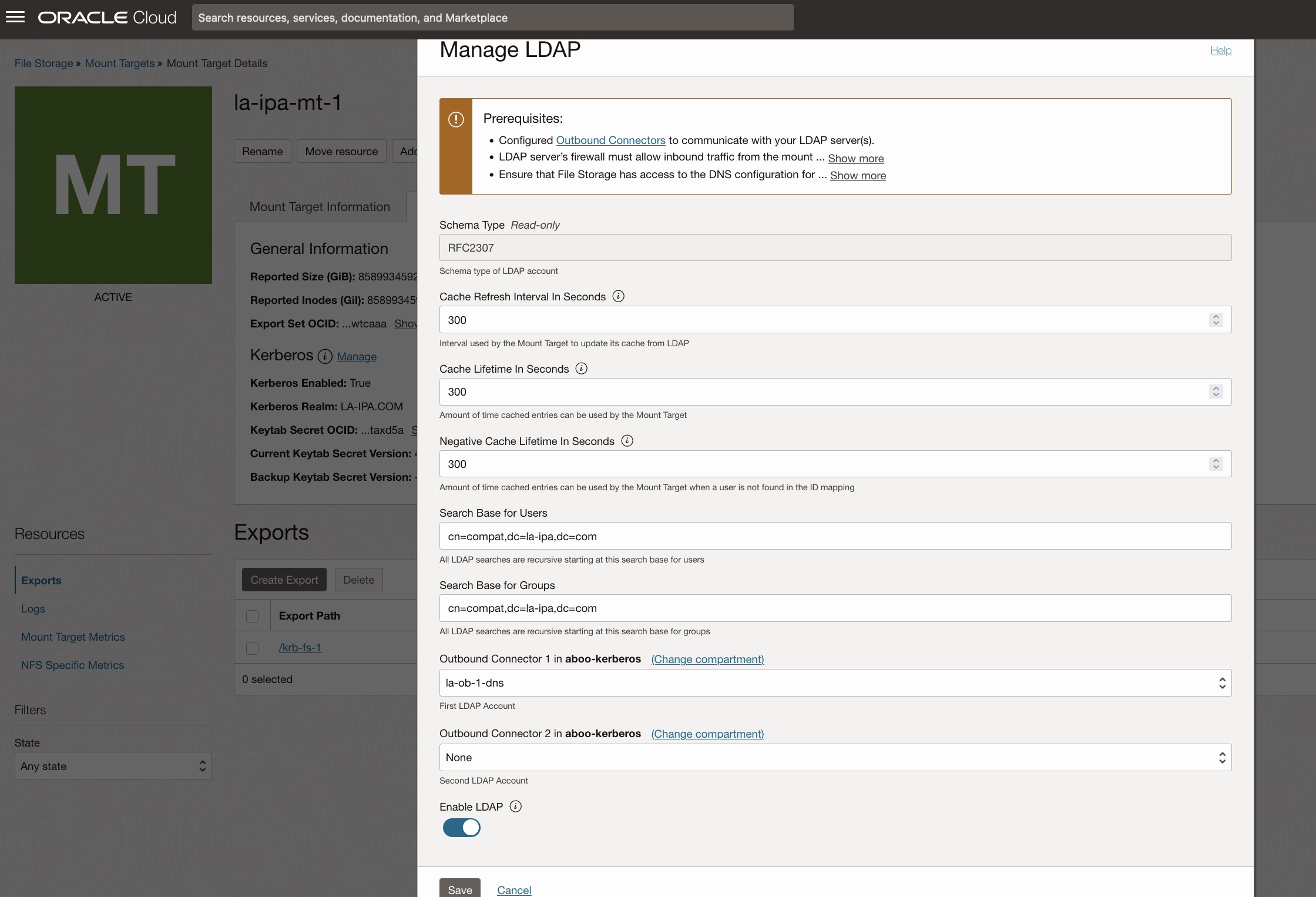 A screenshot of the Mount Target Details page showing Manage LDAP selection.