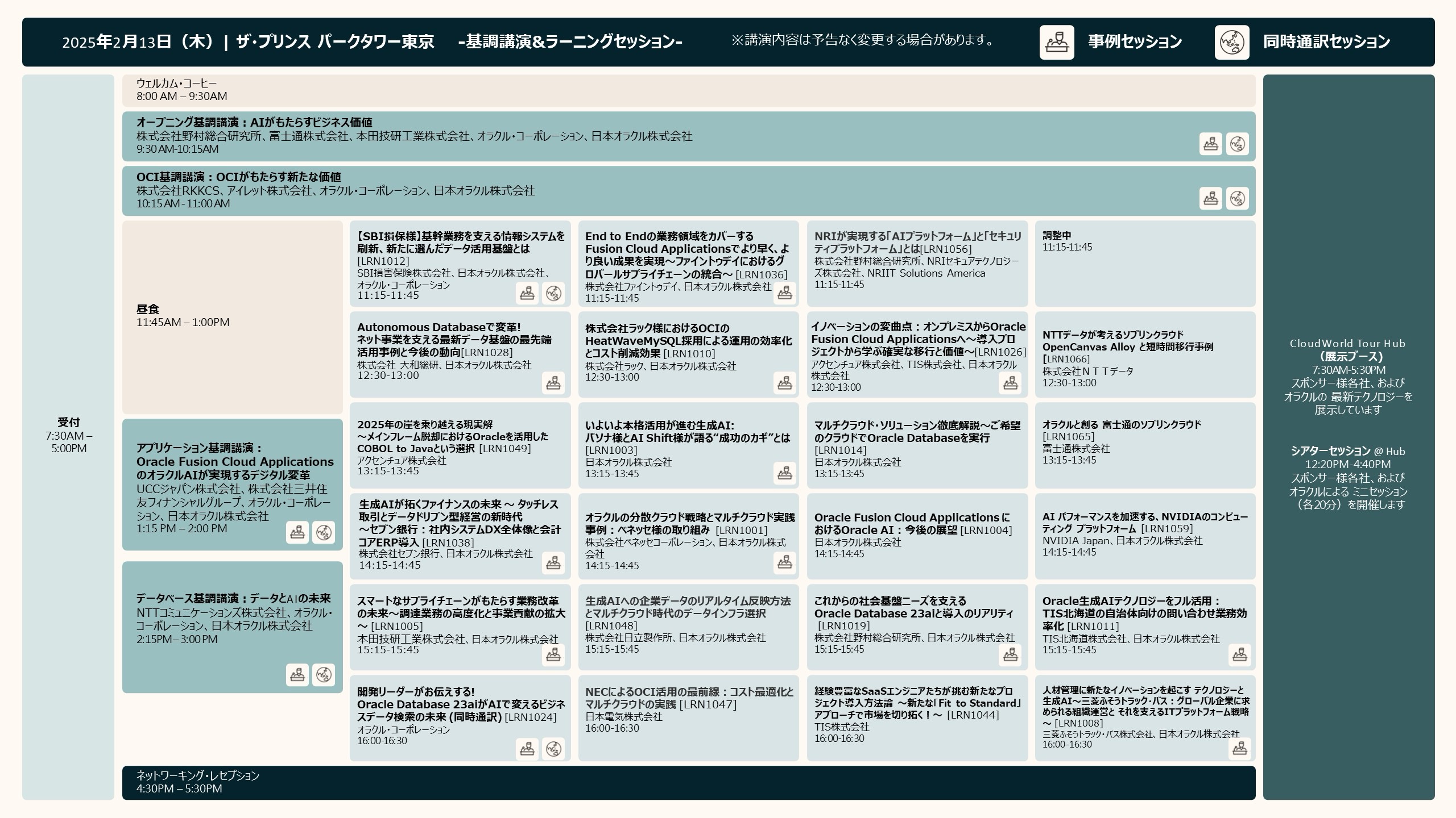 Oracle CloudWorld Tour Tokyo:タイムテーブル