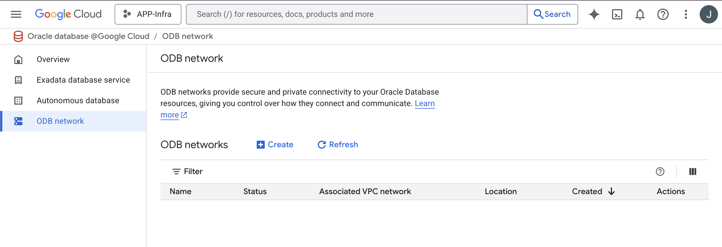 An image of the ODB network management section of the Google Cloud console