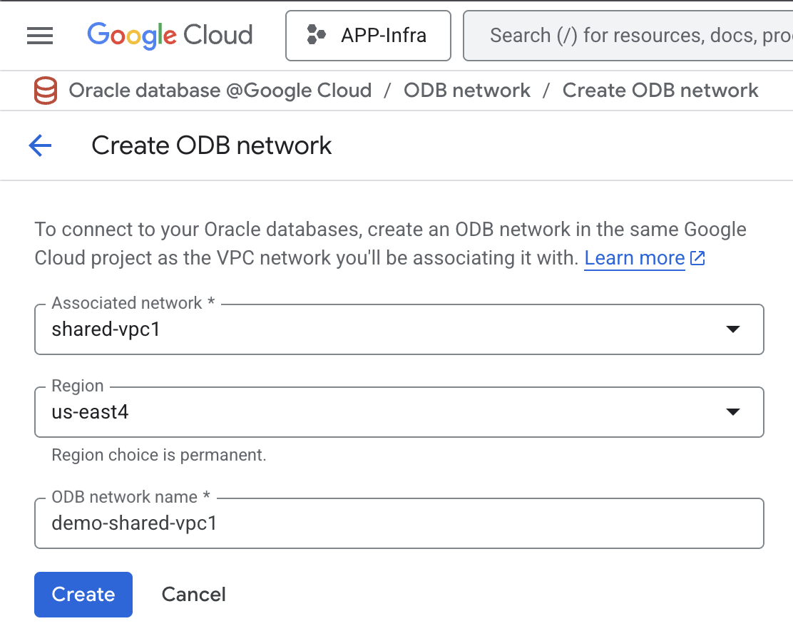 An image of the Create ODB network panel in the Google Cloud console