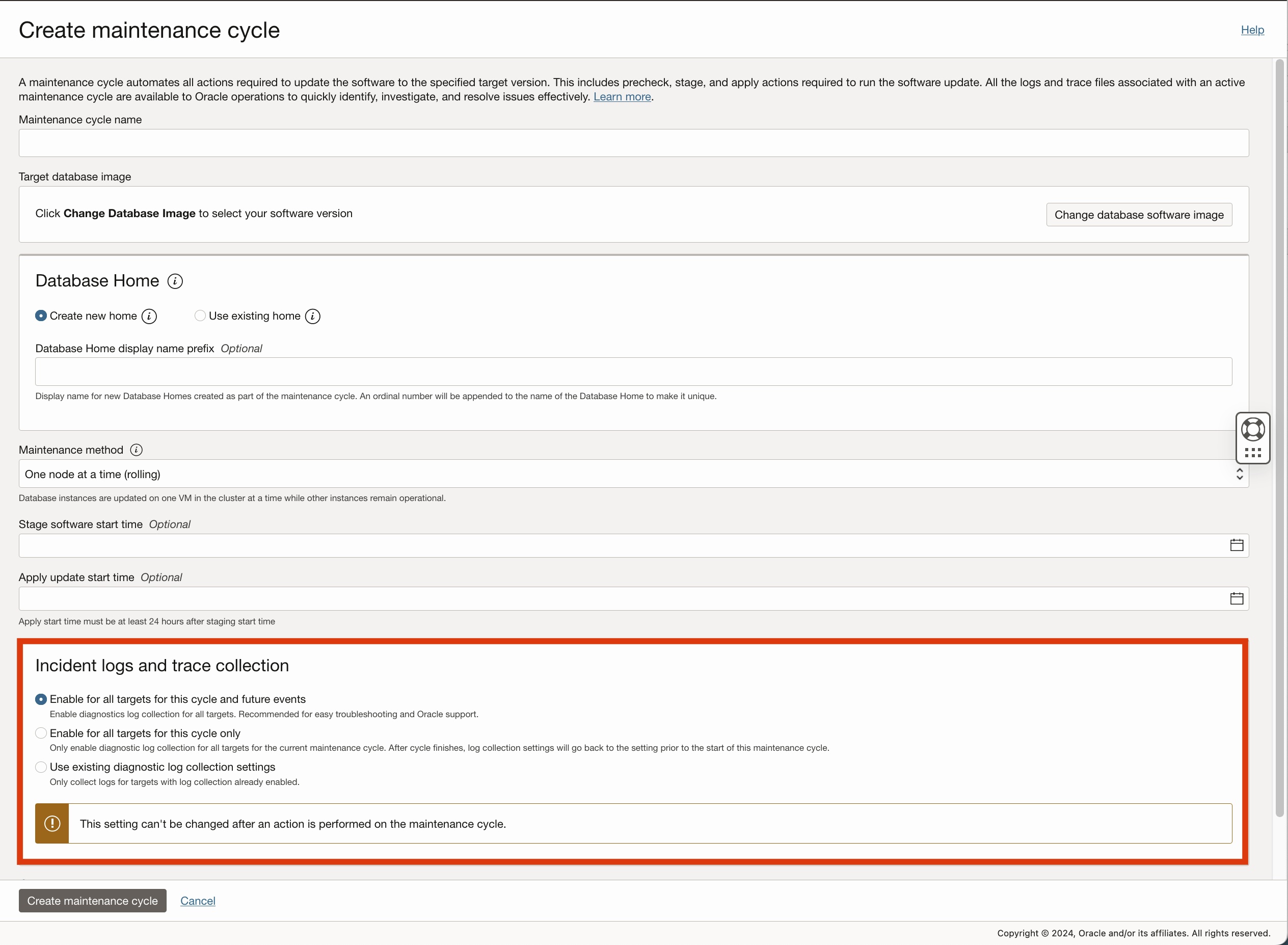 Opt-in to enable auto diag collection can be enabled at the creation of the maintenance cycle