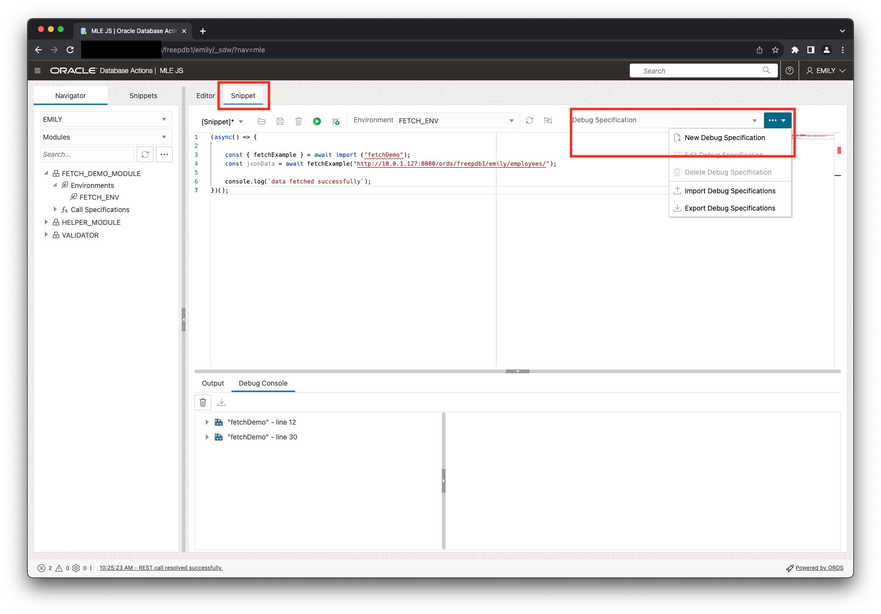 Steps to create a debug specification