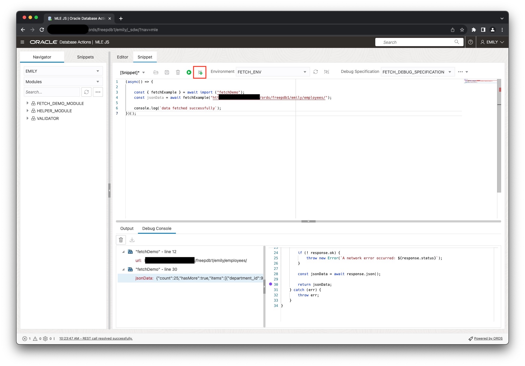 Debug output shown in the console