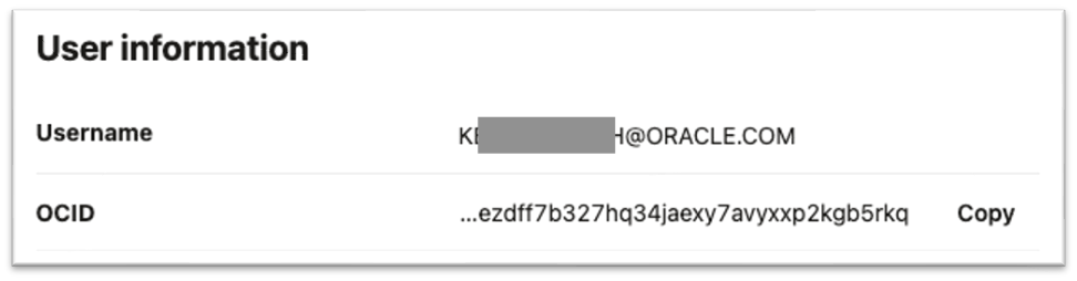User information page in OCI with OCID
