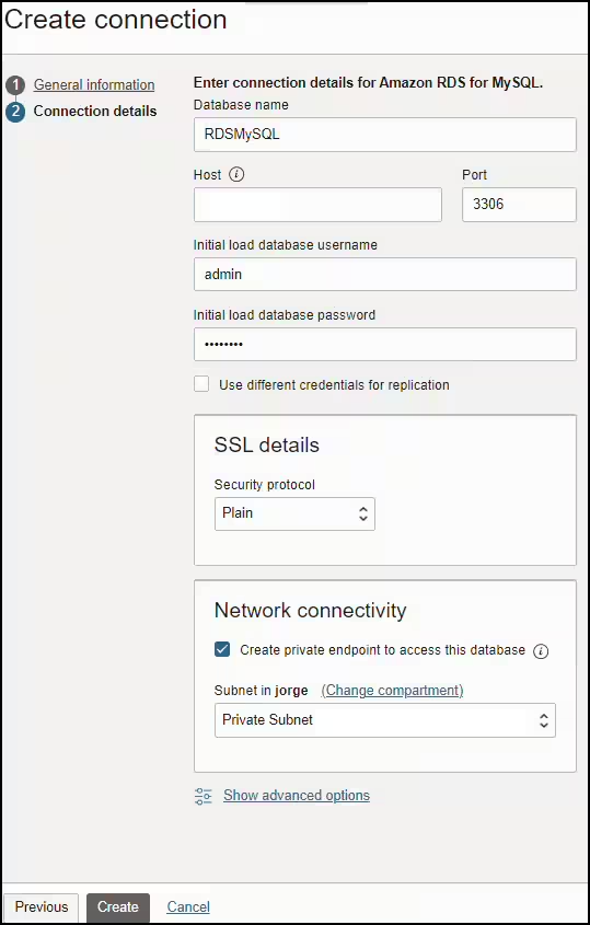 source db connection creation connection details