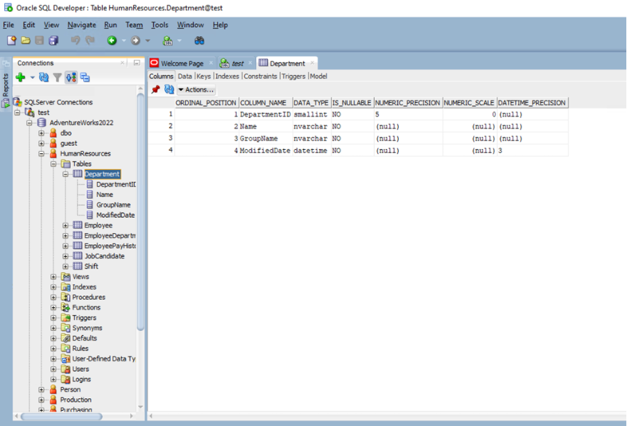 A screenshot of the Oracle SQL Developer schema on the department tab.