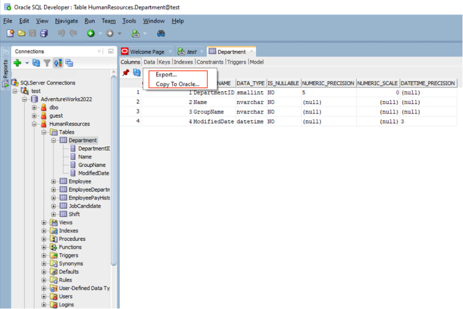 A screenshot of the Oracle SQL Developer schema with the options to export and copy to Oracle outlined in red.