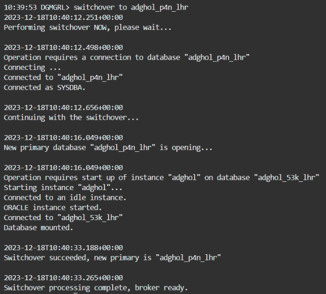 Output of a SWITCHOVER command run in DGMGRL with Oracle Database 23.3