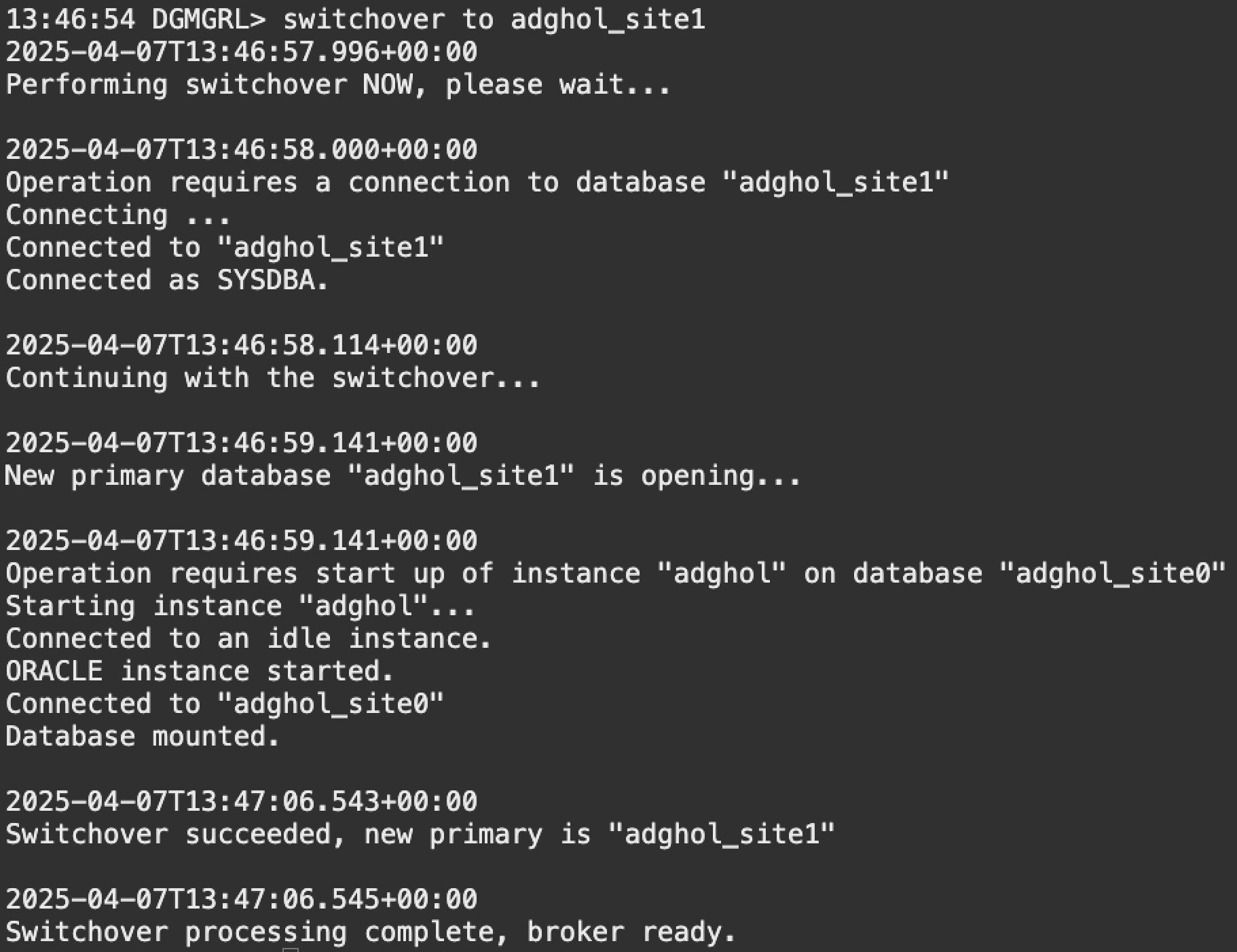 Output of a SWITCHOVER command run in DGMGRL with Oracle Database 23.7