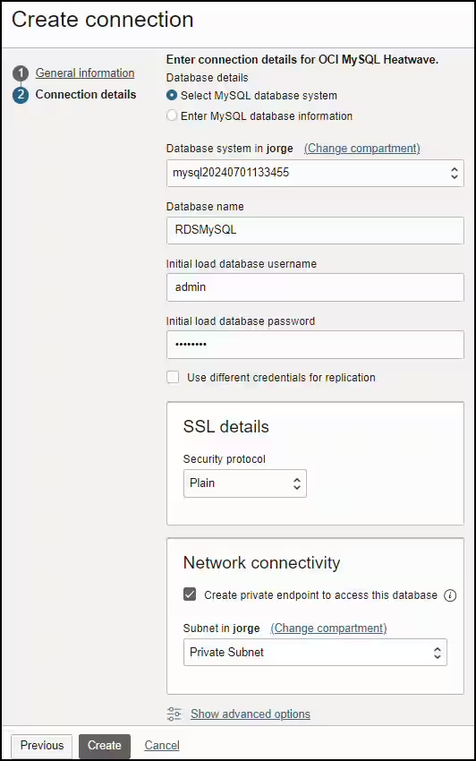 target db connection creation connection details