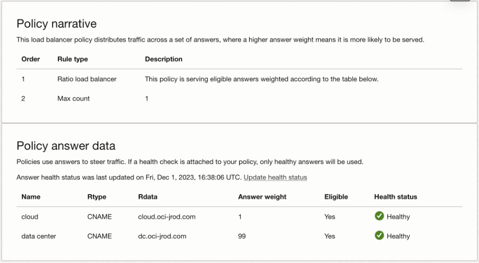 Figure 2: An OCI Traffic Management load balancing policy where traffic is heavily weighted to send traffic to one location and a minimal amount to the other.